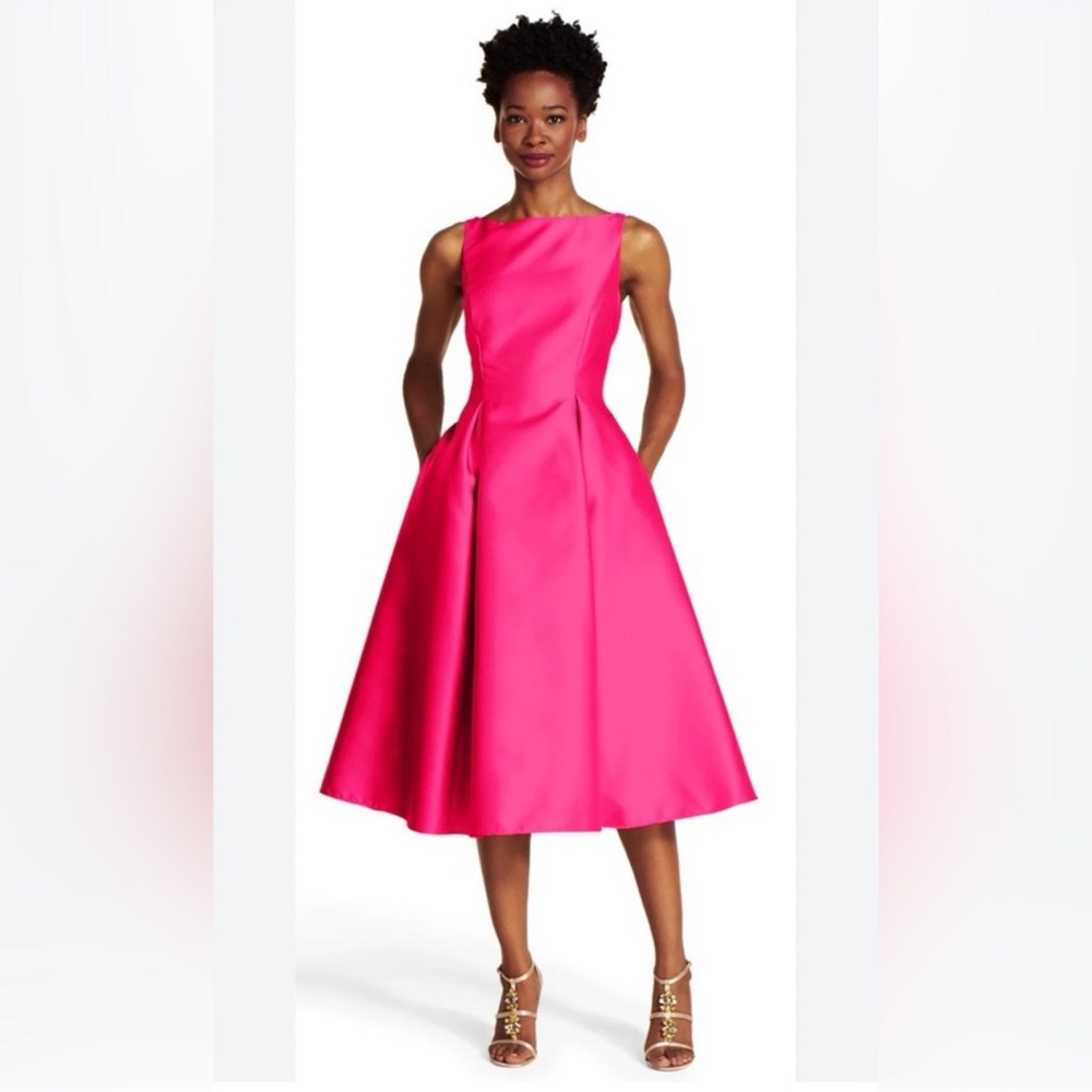 Sleeveless Mikado Fit & Flare Midi Dress With V-Back - Electric Pink - NWT - Picture 3 of 15